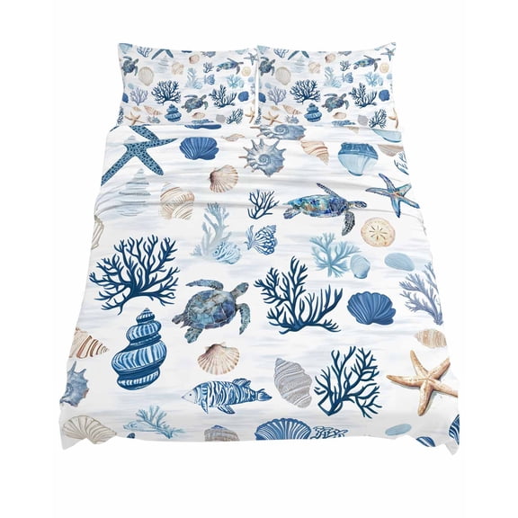 King Size Oceans Sealife Sheet Sets Sea Turtles Corals Stars Shells Texture Soft Breathable Microfiber Bed Sheets Deep Pockets 4 Piece Bed Sheets Set, 1 Fitted Sheet, 1 Flat Sheet & 2 Pillowcases