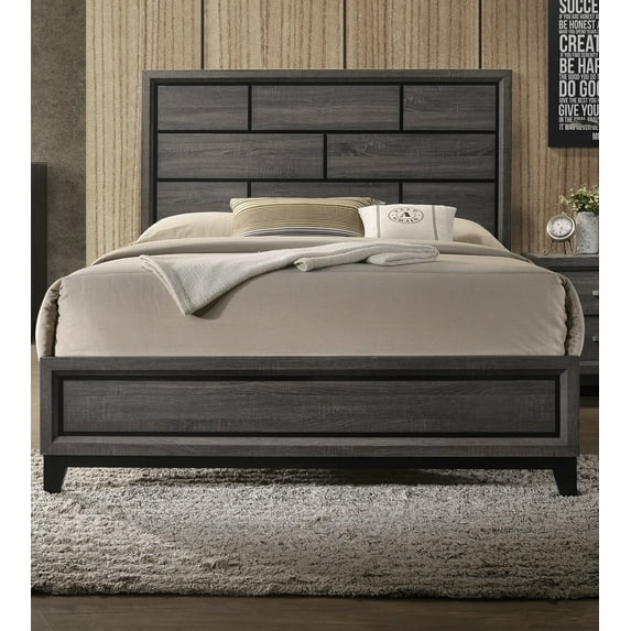 King Size Panel Bed - Rustic Gray Rubberwood Bedroom Furniture, Box Design Headboard, 91"x87" Modern Style, for Bedroom, Transitional Design