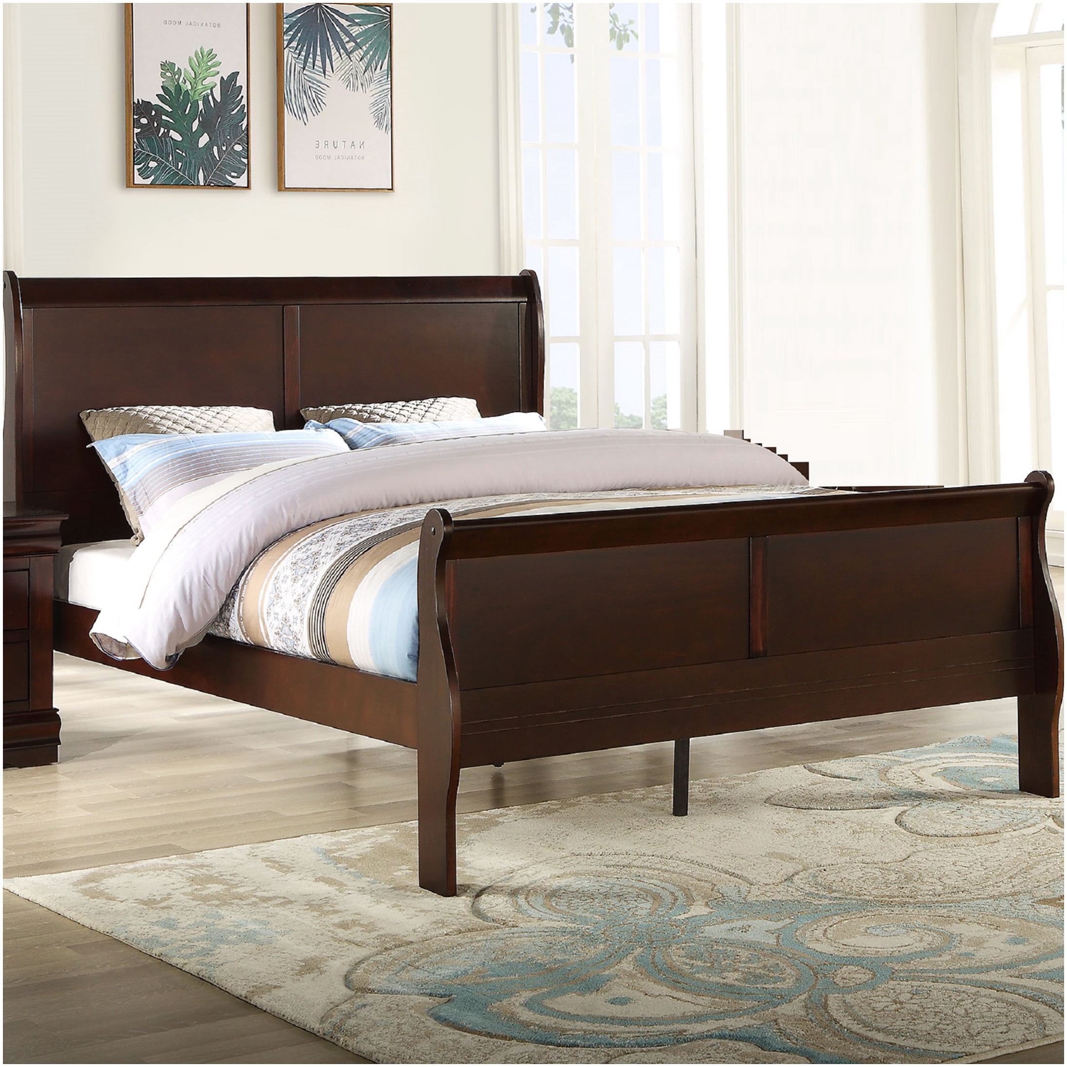 King Size Panel Sleigh Bed Frame with Headboard & Footboard, Solid Wood Bedroom Furniture in Elegant Cherry Finish
