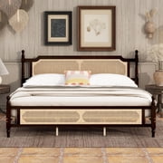 King Size Pine Wood Bed Frame, Rattan Headboard and Footboard, Espresso Solid Platform Bed with Central Enhanced Support, No Box Spring Needed