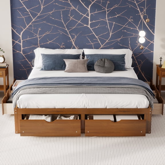 King Size Pine Wood Platform Storage Bed Frame with 6 Underbed Drawers, Walnut