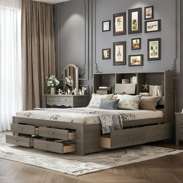 King Size Platform Bed with Built In Storage Shelf in The Headboard and Two of The Storage Compartments with Small Doors Solid Pine King Bed Frame with 8 Drawers Gray Walmart