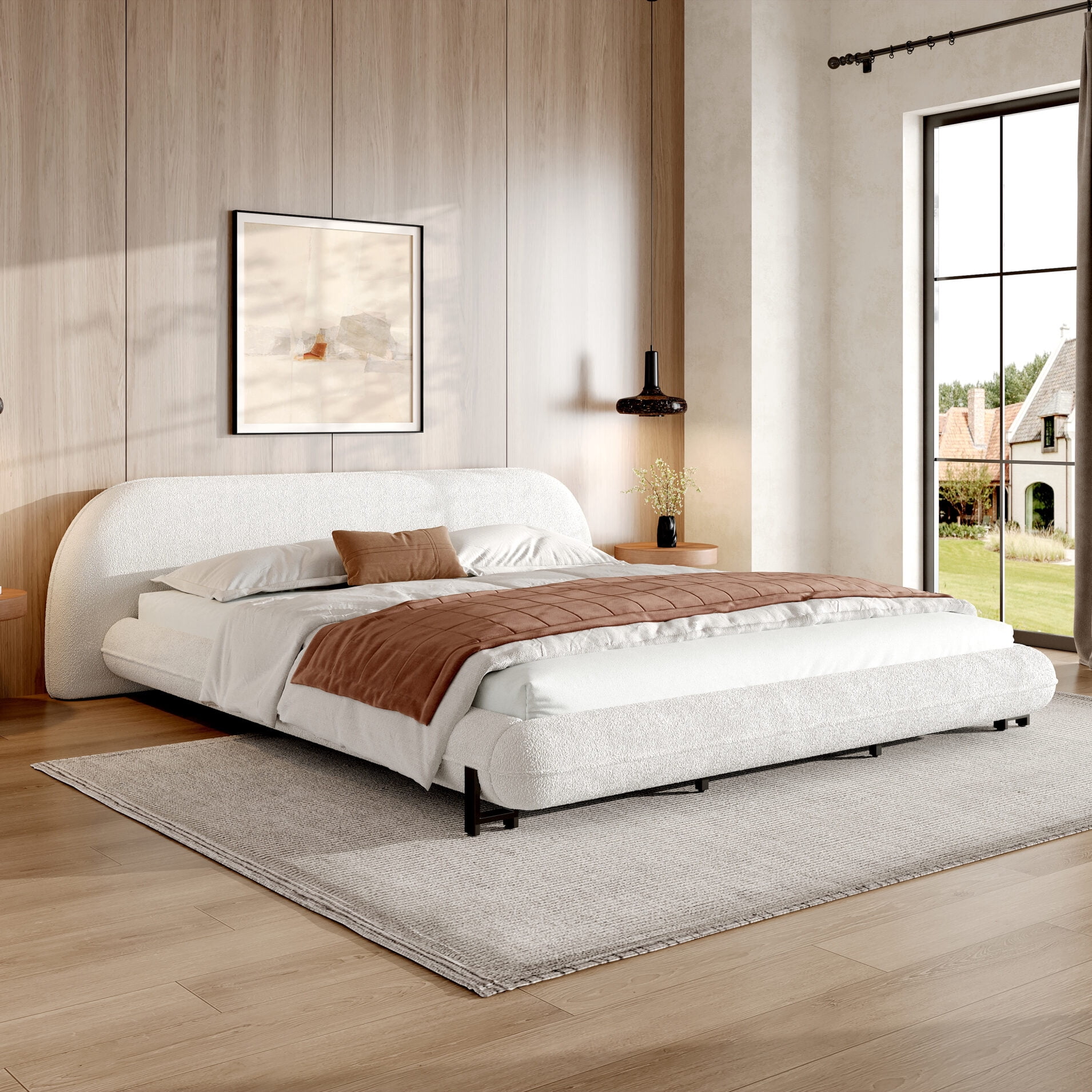 King Size Platform Bed with Curved Upholstered Boucle Fabric, Thick ...