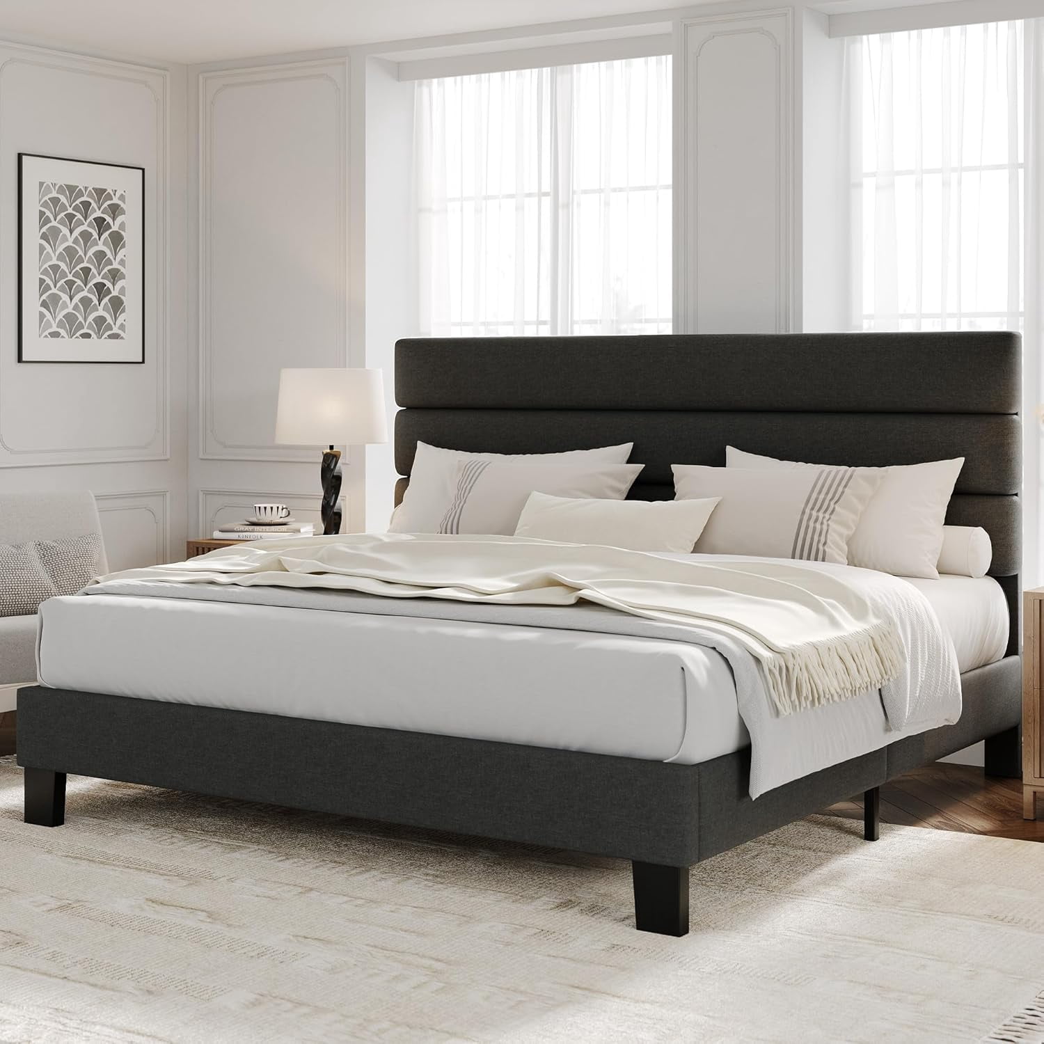 King Size Platform Bed Frame with Adjustable Linen Upholstered Headboard, Wooden Slat Support, Heavy-Duty Mattress Foundation, No Box Spring Needed, Easy Assembly, Black
