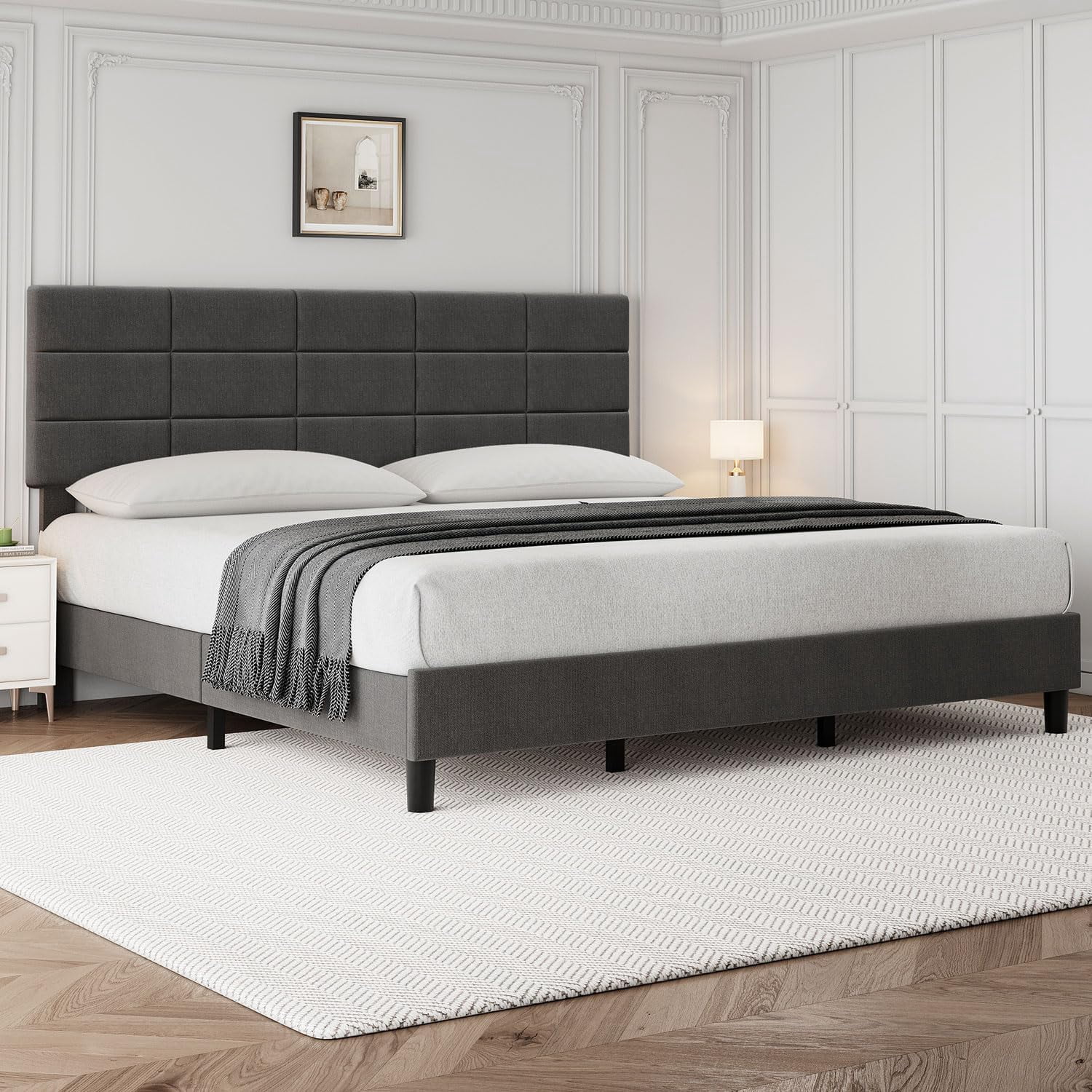 King Size Platform Bed Frame, Linen Upholstered King Bed Frame, Wooden Slats Support, No Box Spring Needed, Noise-Free, Grey