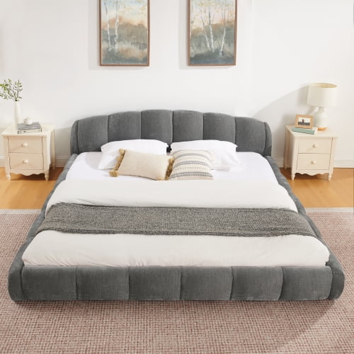 King Size Platform Bed Frame, Low Profile Chenille Upholstered, Curved Headboard and Wrapped Footboard, No Box Spring Needed, Easy Assembly, Bedroom, Dark Grey