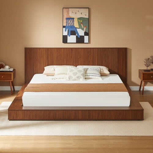 King Size Platform Bed Frame, Low Profile Japandi Floor Bed, Vertical Fluted Panel Headboard and Footboard, No Box Spring Needed, Sturdy Support, Bedroom Guest Room, Natural Wood