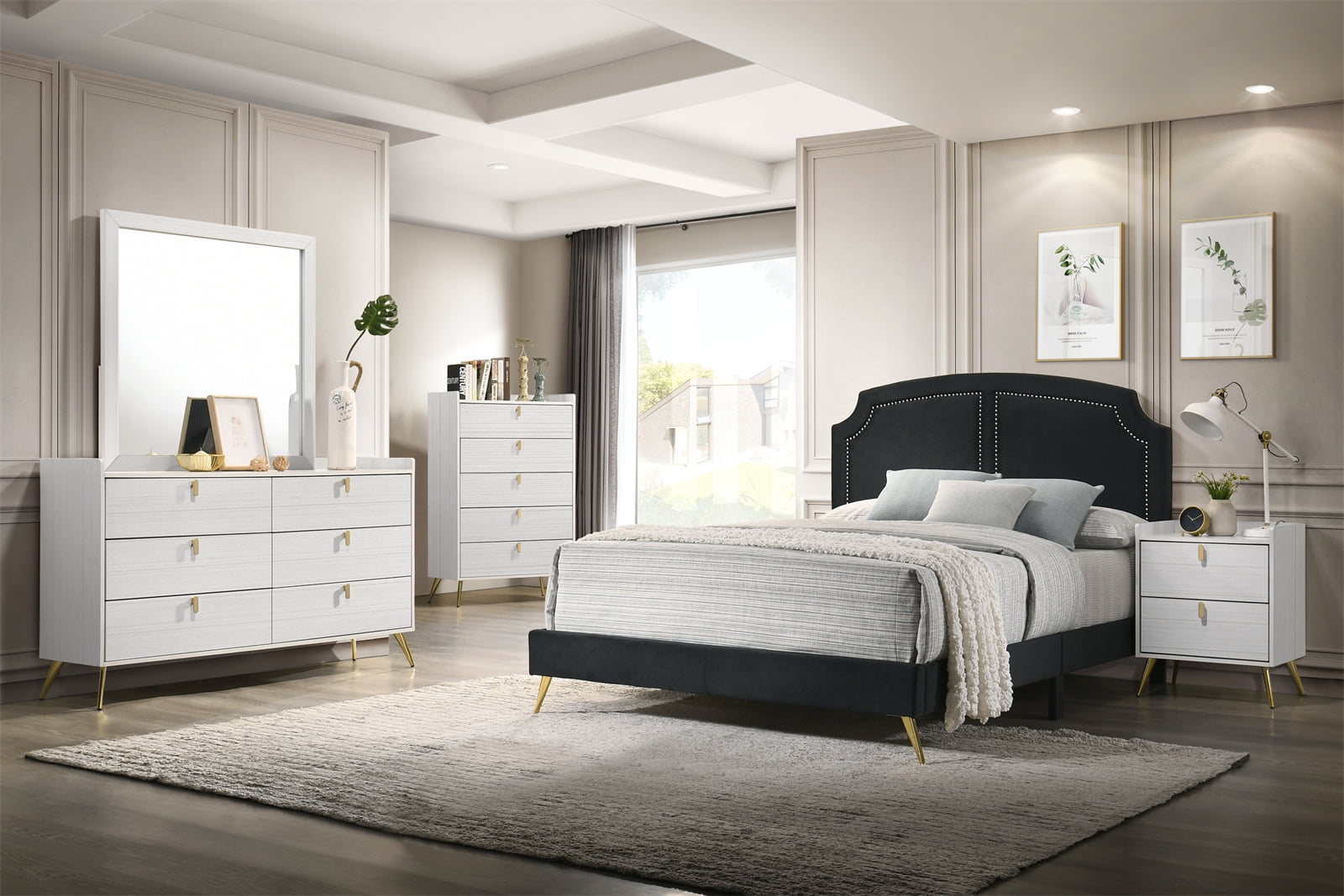 Elegant Black Velvet King Bed with Gold Nailhead Trim