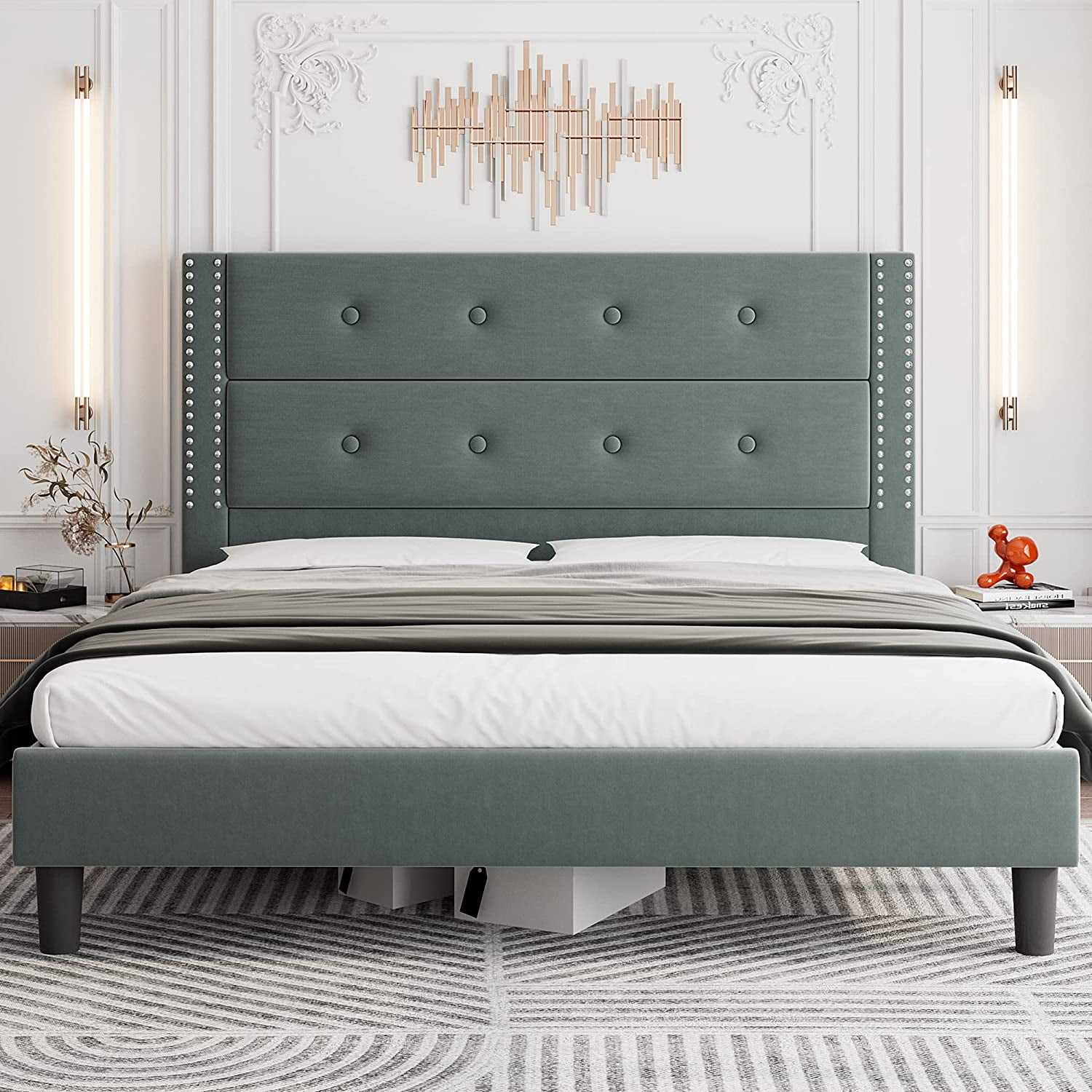King Size Platform Bed Frame with Nailhead Trims Tufted Headboard