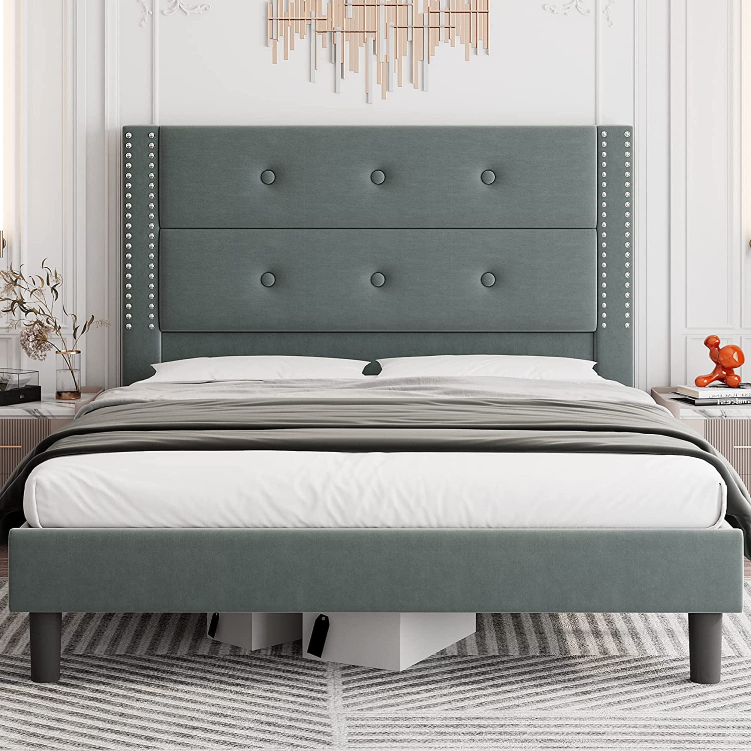 King Size Platform Bed Frame with Nailhead Trims Tufted Headboard