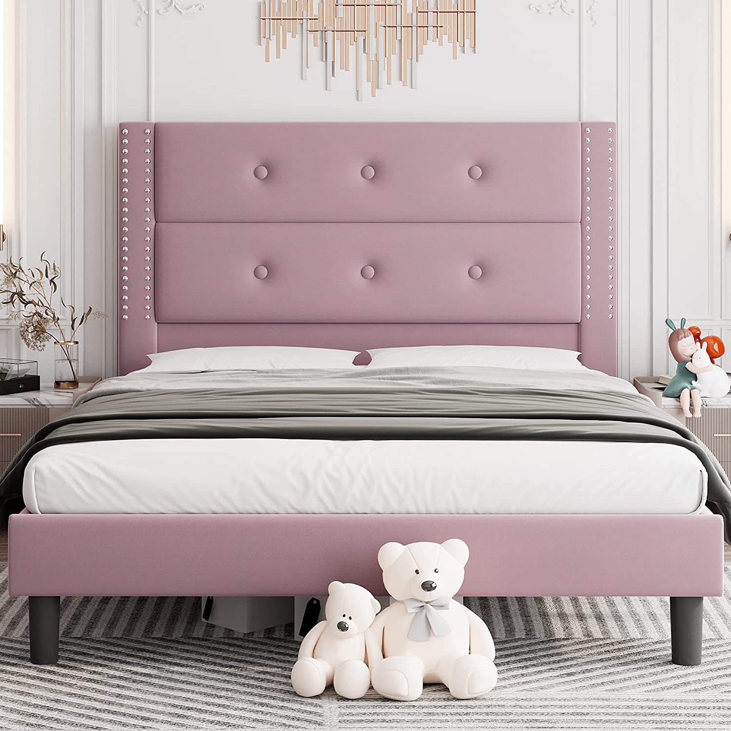 King Size Platform Bed Frame with Nailhead Trims Tufted Headboard