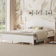 King Size Platform Bed Frame with Retro Wave Headboard, Wooden Slat Support, No Box Spring Needed, Easy Assembly, Sturdy Structure ,Bedroom Furniture with Classic Vintage Design,White