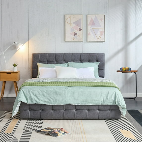 King Size Platform Bed Frame, SEGMART Upholstered Platform Bed Frame with Headboard, Metal Bed Frame with Slat Support,No Box Spring Needed, Gray