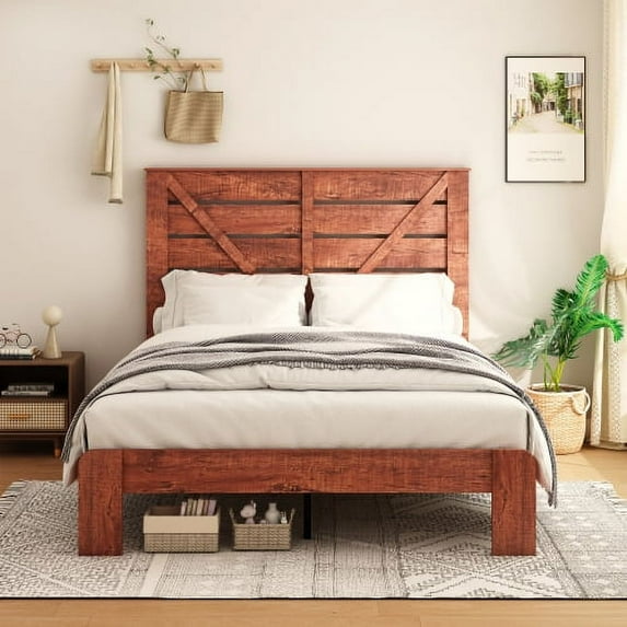King Size Platform Bed Frame, Solid Wood Platform Bed with Headboard, Noise Free, No Spring Box Spring Needed, Easy Assembly, Vintage Brown