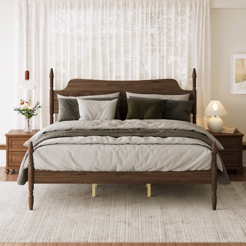 King Size Platform Bed Frame,Spindle 4-Poster Bed with Curved Tall Headboard, No Box Spring Needed, Walnut Finish, 800 lbs Capacity