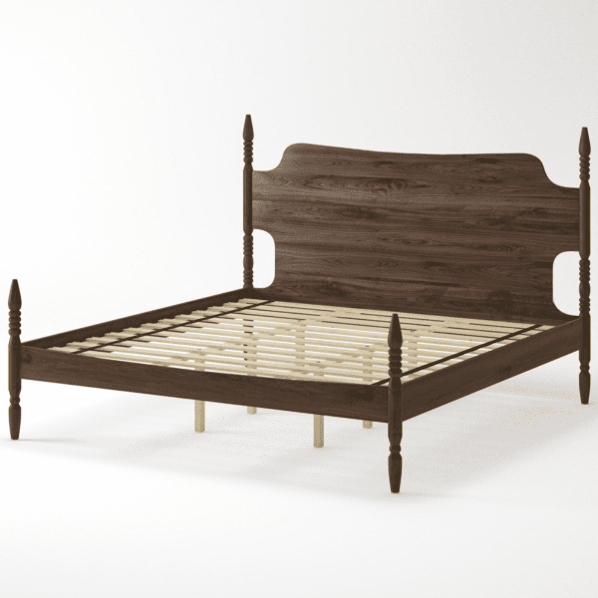 King Size Platform Bed Frame, Spindle Bed with Curved Tall Headboard, No Box Spring Needed, Retro Four Poster Bed, Walnut