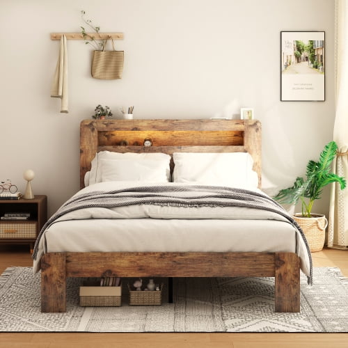 King Size Platform Bed Frame with Storage Headboard, LED Lights and Charging Station, Sturdy Wood Slats, No Box Spring Needed, Under-Bed Storage, Dark Brown