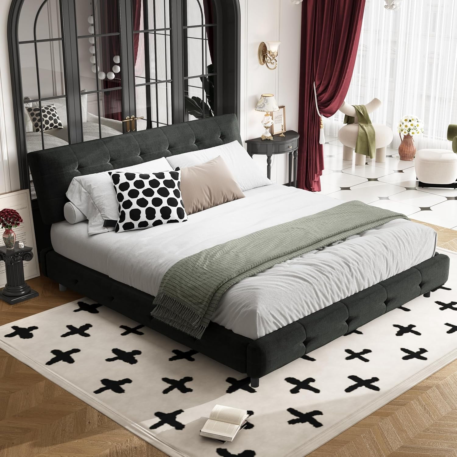 King Size Platform Bed Frame, Upholstered Chenille Tufted Headboard, Heavy Duty Metal, Wood Slat Support, Mattress Foundation, No Box Spring Needed, Noise-Free, Easy Assembly, Bedroom, Black