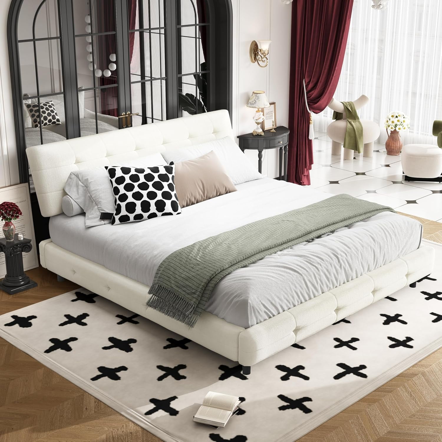 King Size Platform Bed Frame, Upholstered Chenille Tufted Headboard, Heavy Duty Metal, Wood Slat Support, Mattress Foundation, No Box Spring Needed, Noise-Free, Easy Assembly, Bedroom, Beige