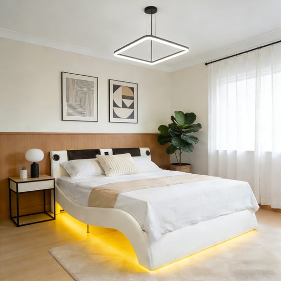 King Size Platform Bed Frame, White Faux Leather Upholstered Bed with LED Lights, Bluetooth Speakers, Vibration Massage Headboard, USB Ports, Wood Slat Support, No Box Spring Needed