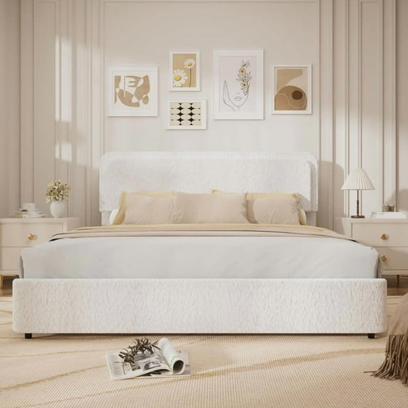 King Size Platform Bed Frame with 2 Storage Drawers, Boucle Upholstered Bed Frame with Wooden Slats Support, No Box Spring Needed, Beige