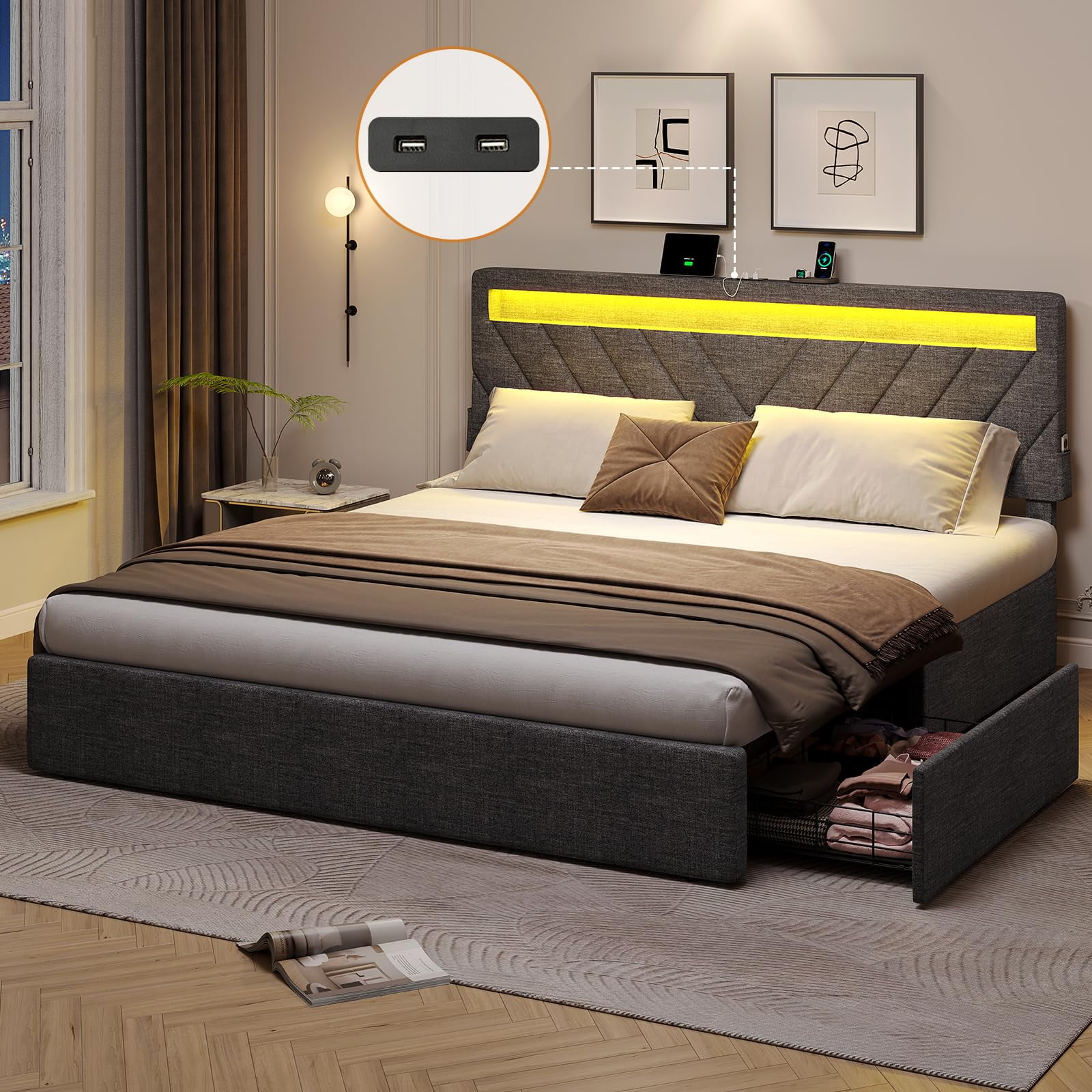 King size bed frame outlet with usb ports
