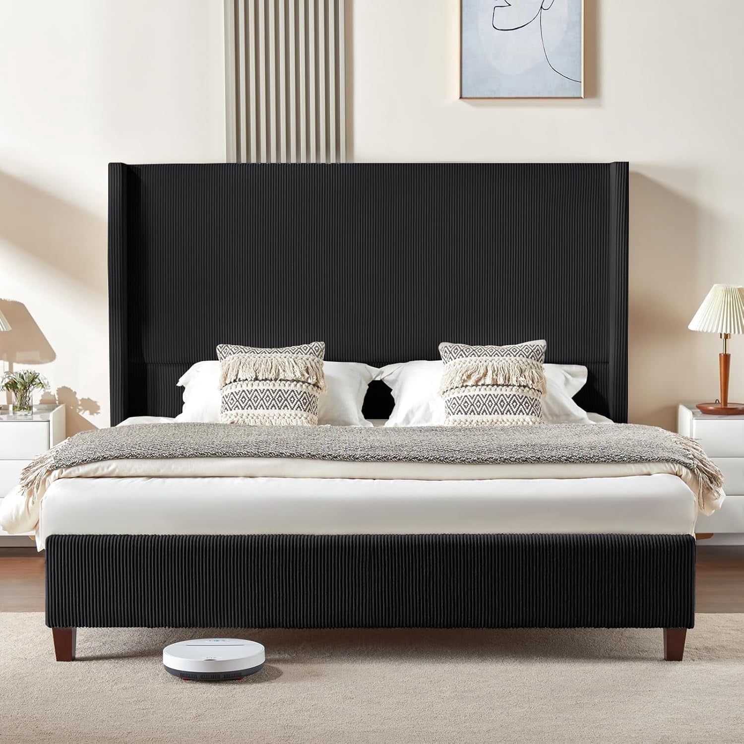 VanAcc King Size Platform Bed Frame with 62" Headboard Corduroy Upholstered Bed/Wingback/No Box Spring Needed/Noise Free/Black