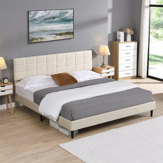 King Size Platform Bed Frame with Fabric Upholstered Headboard and Wooden Slats, Heave Duty King Bed Frame No Box Spring Needed/Easy Assembly