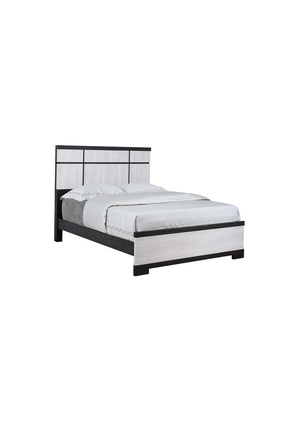 King Size Platform Bed Frame with Geometric Headboard, No Box Spring, Cream Ebony Finish, Modern Design