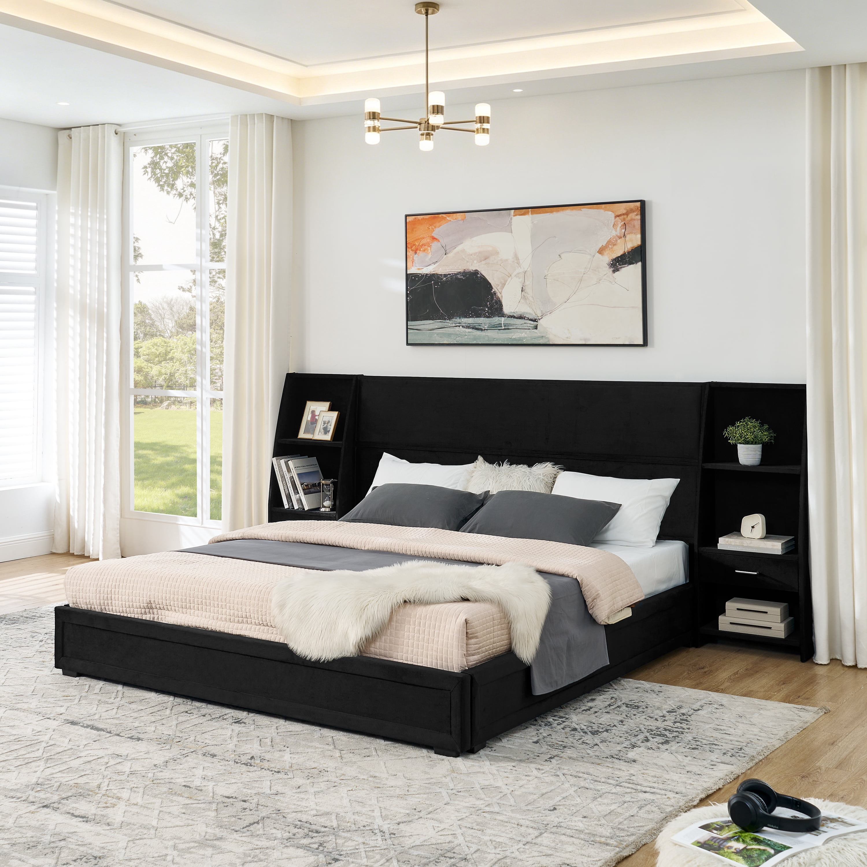 King Size Platform Bed Frame with Glossy Velvet Headboard, Side Bookcases & Drawer