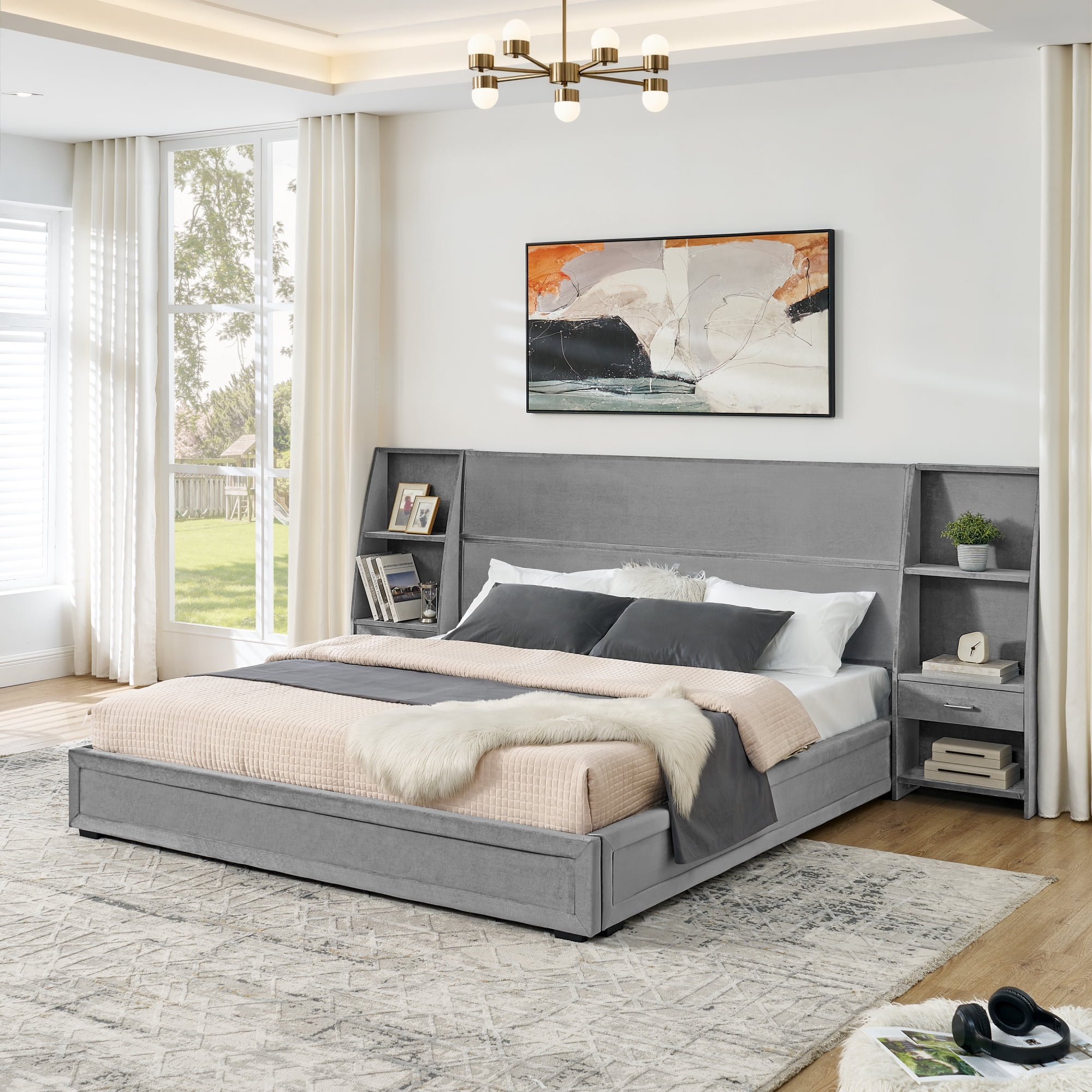 King Size Platform Bed Frame with Glossy Velvet Headboard, Side Bookcases & Drawer