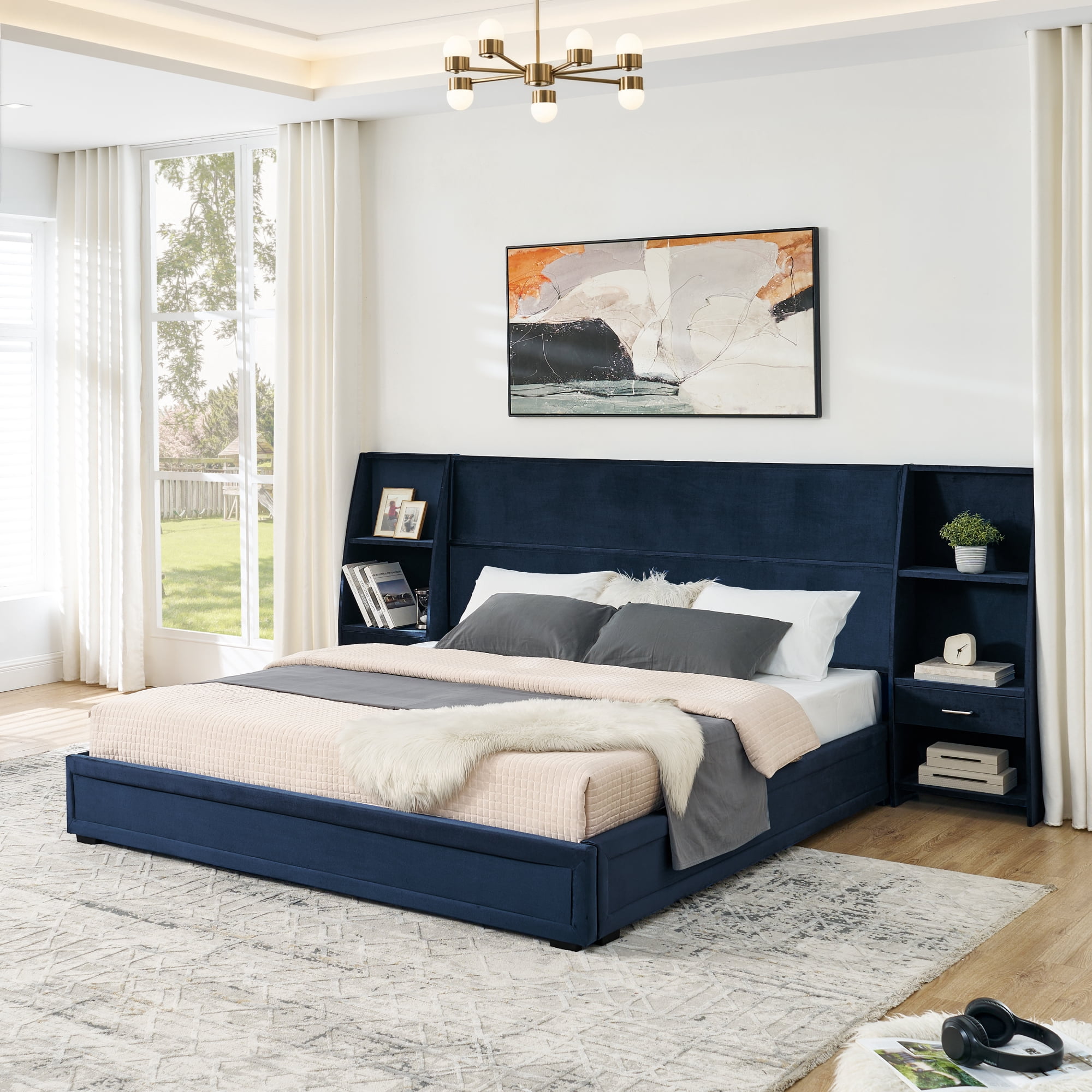King Size Platform Bed Frame with Glossy Velvet Headboard, Side Bookcases & Drawer