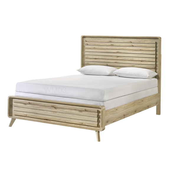 King Size Platform Bed Frame with Headboard, Mid-Century Design, Beige Brown Wood Grain, Under Bed Storage