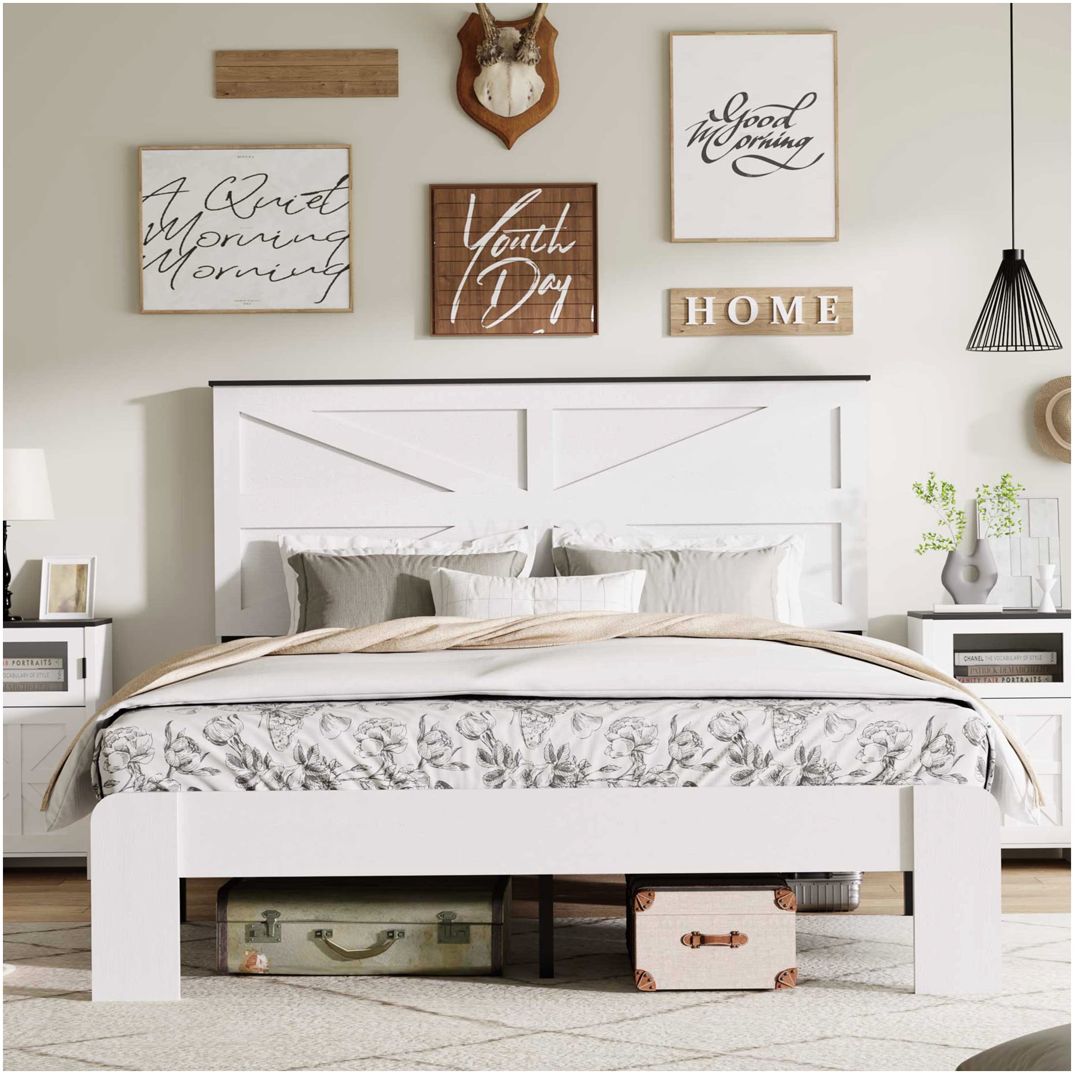 King Size Platform Bed Frame with Headboard and Storage, White Wood Bed ...