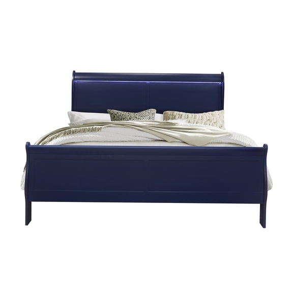 King Size Platform Bed Frame with LED Lights, Blue Charleston Sleigh Design, Modern Wood Bed No Box Spring