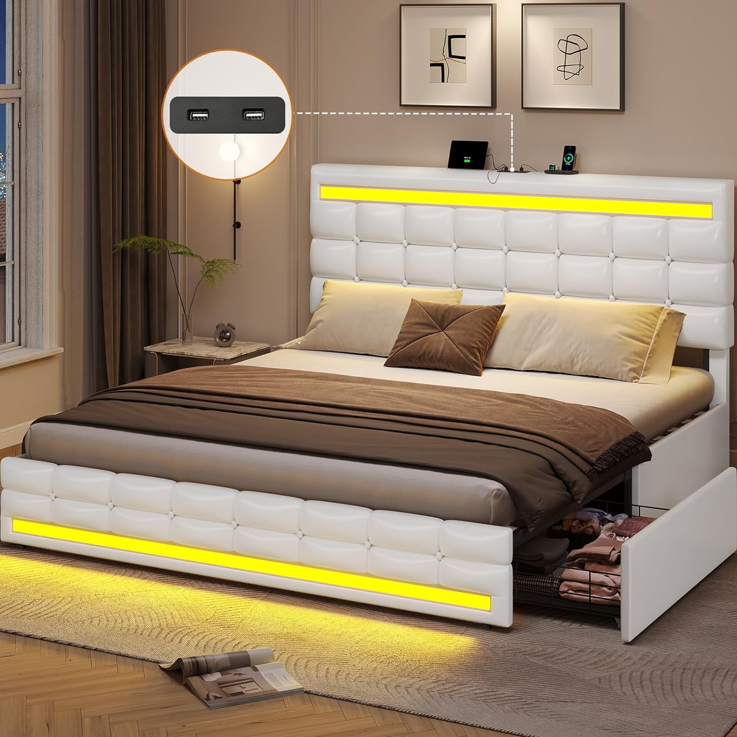 King Size Platform Bed Frame With Led Lights, Pu Leather Bed Frame With 