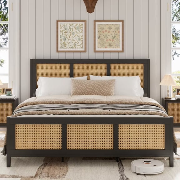 King Size Platform Bed Frame with Rattan Headboard, Black Boho Cane Bed Frame with Strong Metal Slat, No Box Spring Needed, Noise Free, Easy Assembly