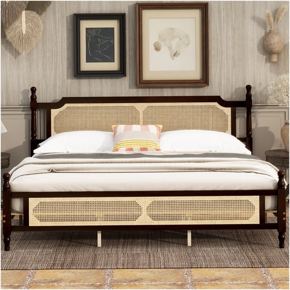 King Size Platform Bed Frame with Rattan Headboard, Underbed Storage, Espresso Finish, Easy Assembly