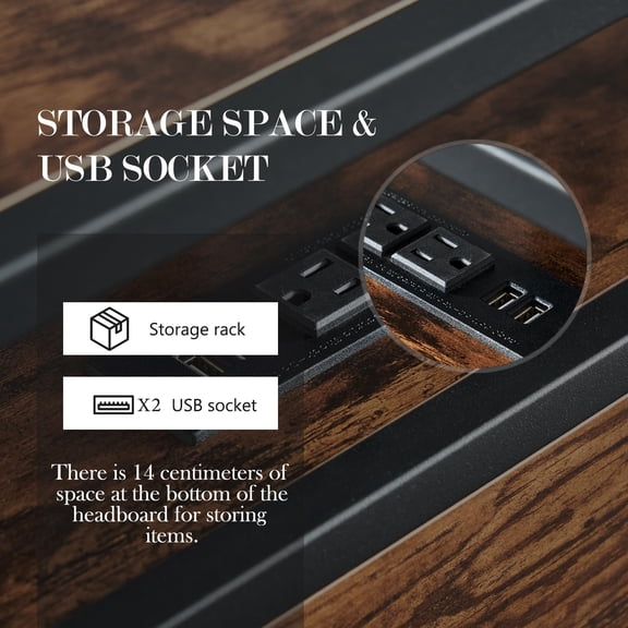 King Size Platform Bed Frame with Storage Headboard and Charging Station, Sturdy Metal Construction, No Box Spring Needed, Easy Assembly, Brown