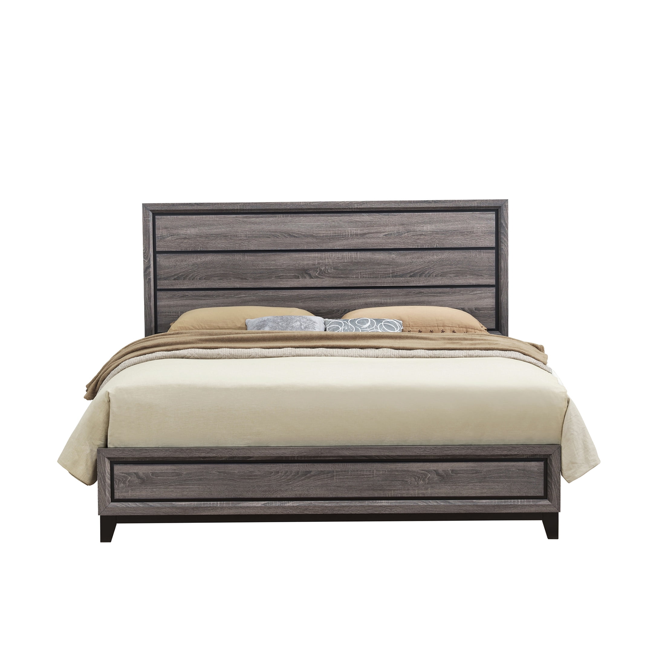 King Size Platform Bed Frame with Upholstered Headboard, Modern Low Profile Bedroom Furniture in Gray and Black, Wood Slat Support