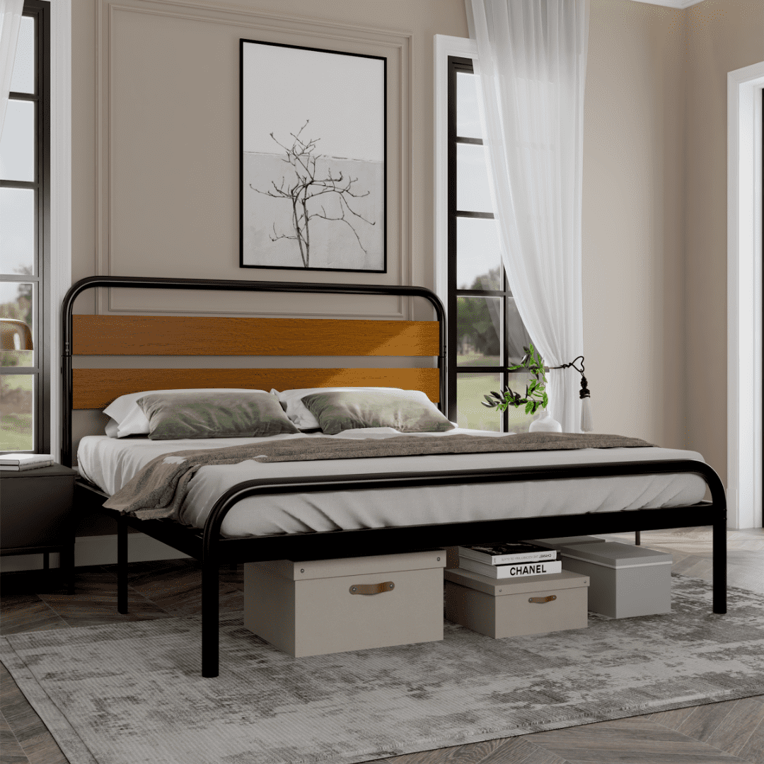 King Size Platform Bed Frame with Wood Headboard, Heavy Duty Bed Mattress Foundation with Storage, No Box Spring Needed, Easy Assembly, Brown
