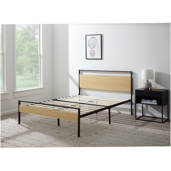 King Size Platform Bed Frame with Wood Headboard, Industrial Brown Metal & Wood Slat Bed Base, No Box Spring Needed