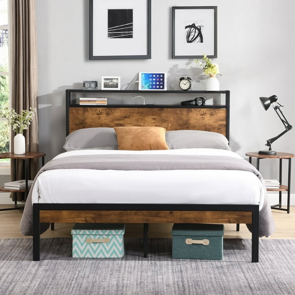 King Size Platform Bed with Headboard,King Bed Frame with USB Ports Industrial Bed Frame with Under-Bed Storage Noise-Free/Metal Slats Support/No Box Spring Needed, Brown