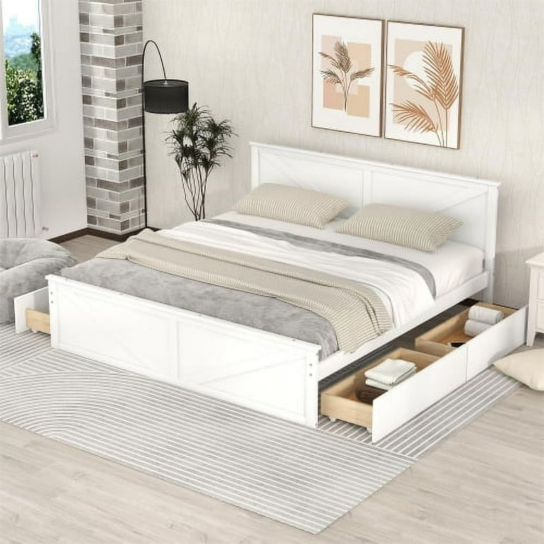 King Size Platform Bed Solid Wood Platform Bed with Four Storage Drawers and Support Legs No Need Spring Box White