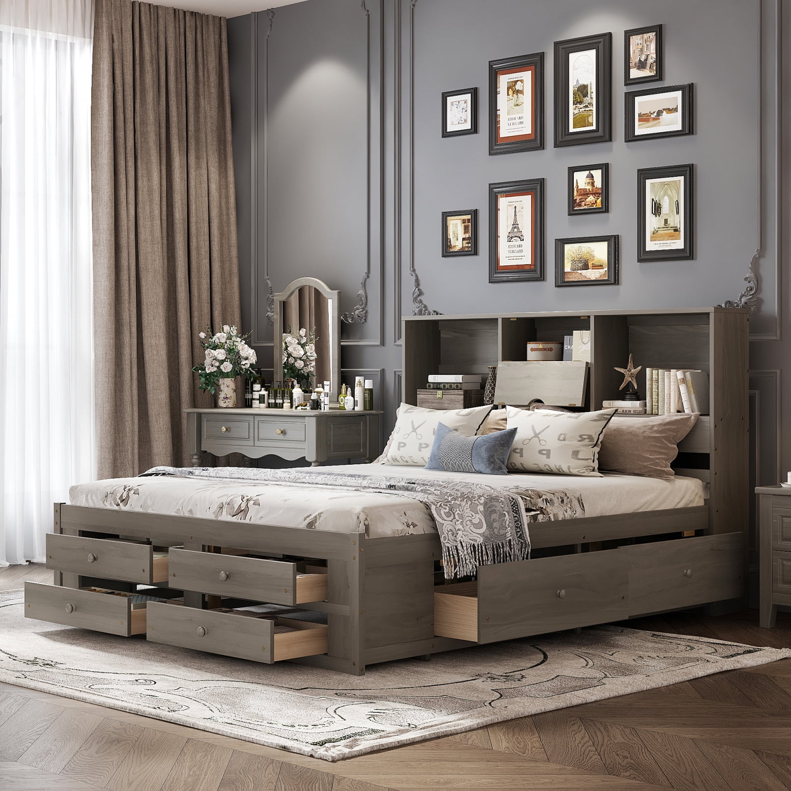 King Size Platform Bed with Storage Headboard, Wood King Bed Frame