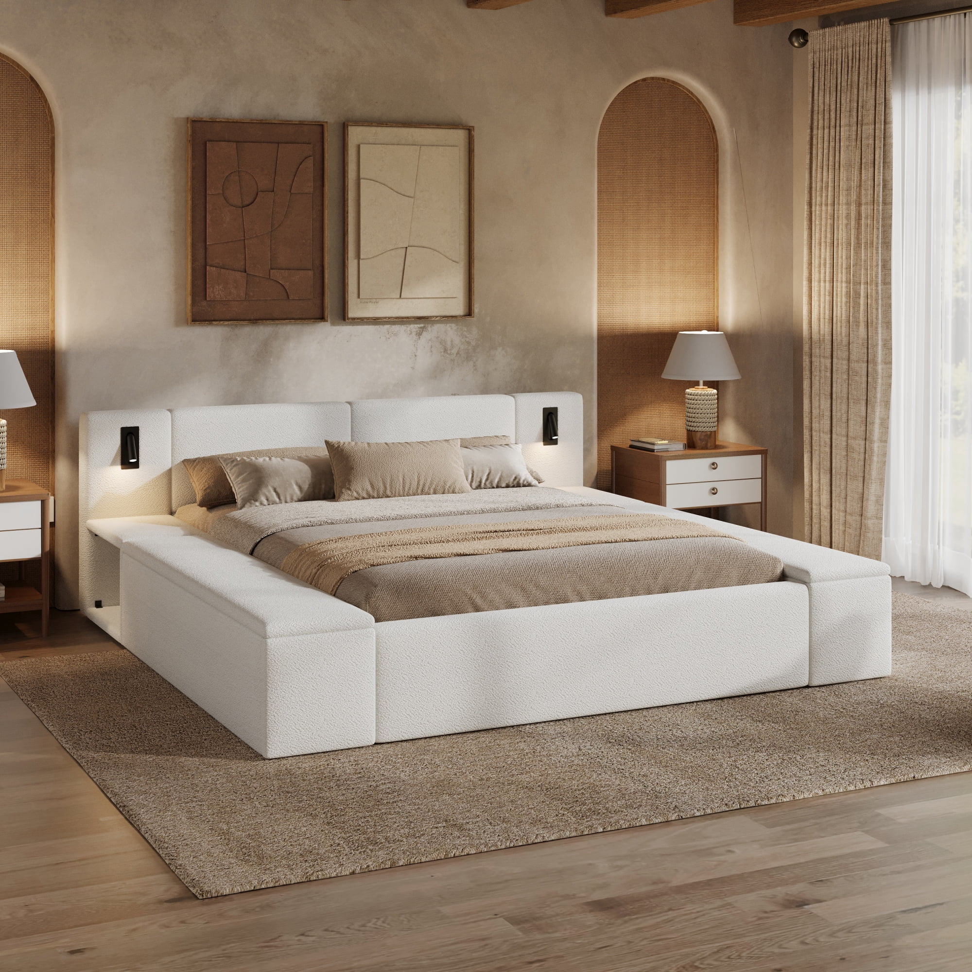King Size Platform Bed w/ Hidden Storage, Built-in Nightstands, Reading Lights, No Box Spring Needed