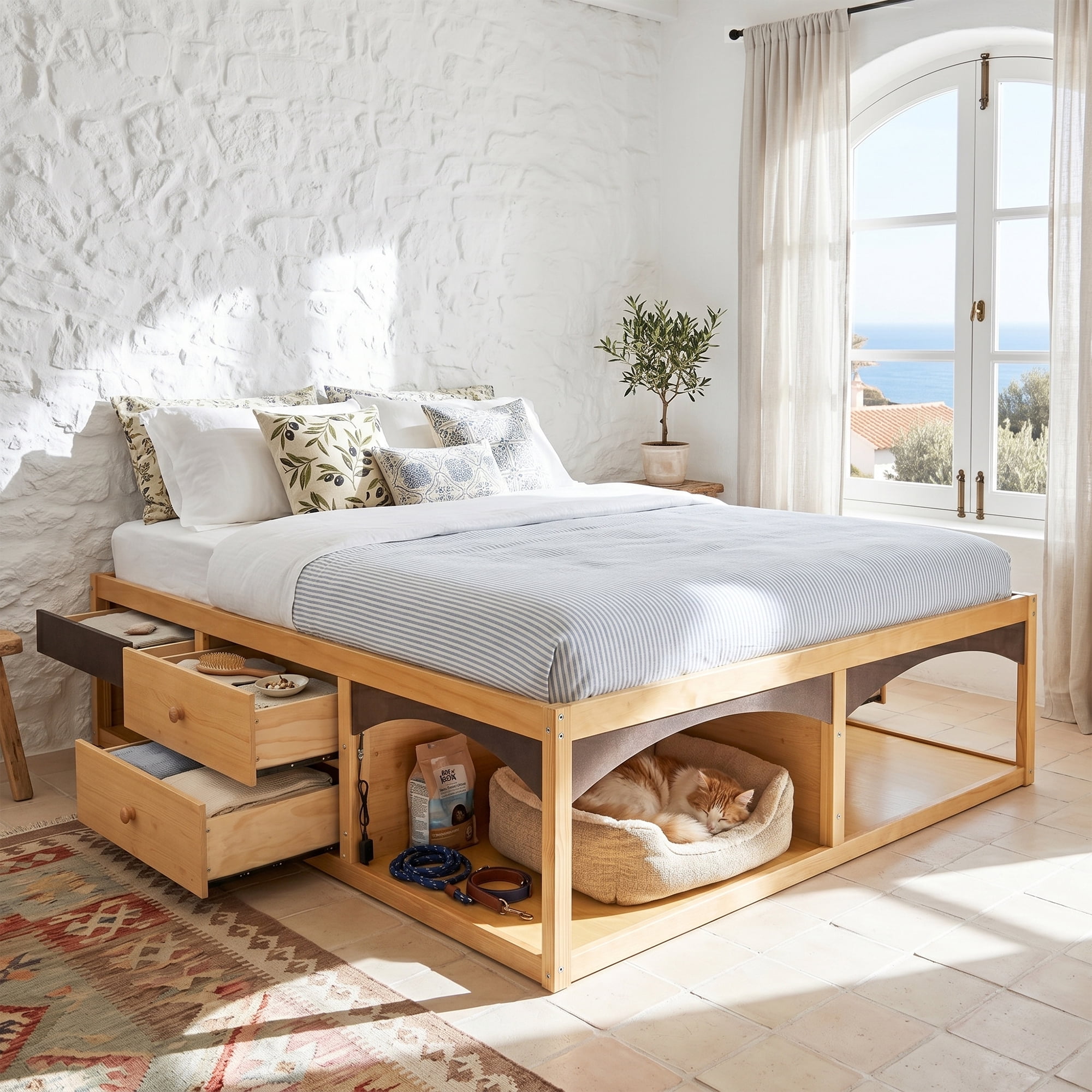 King Size Platform Bed with 2 Storage Drawers, Lighted Under-Bed Open Pet Space, No Headboard