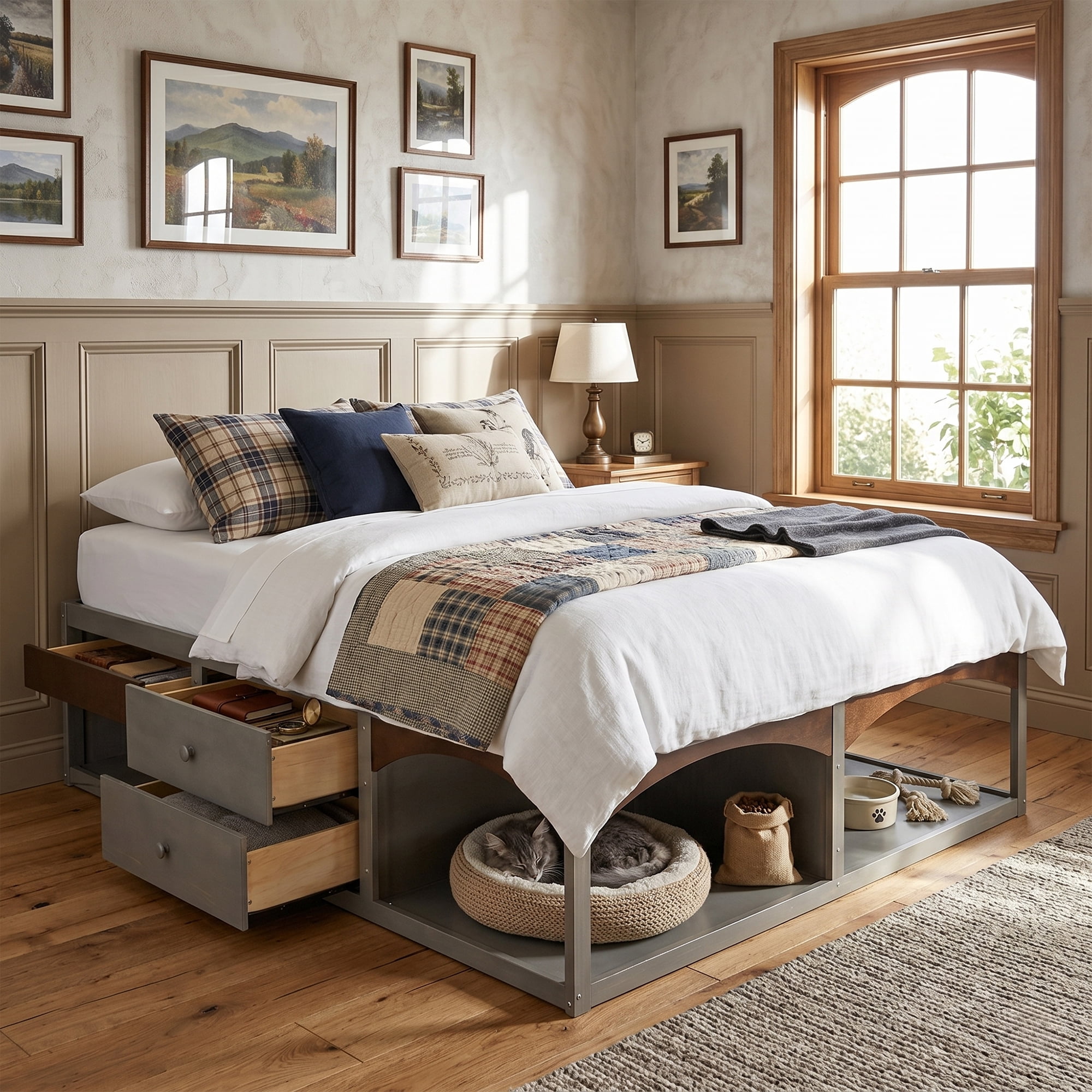 King Size Platform Bed with 2 Storage Drawers, Lighted Under-Bed Open Pet Space, No Headboard