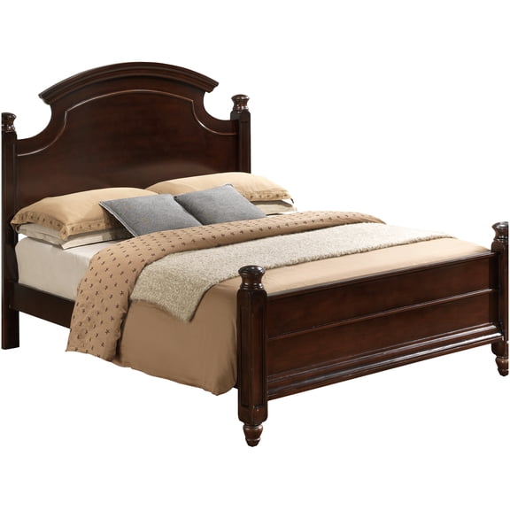 King Size Platform Bed with 4 Poster Carved Design, Cappuccino Finish Wood Bed Frame for Master Bedroom, Heavy Duty Support, No Box Spring Needed