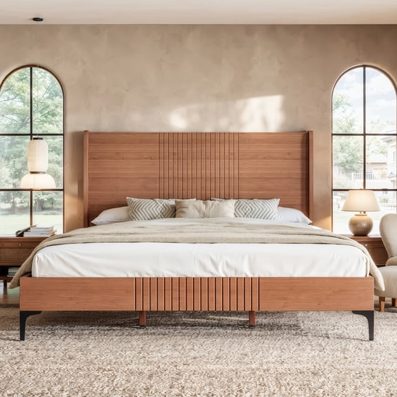 King Size Platform Bed with Bamboo-made Structure, Mid-century Style King Bed Frame with Headboard, Round Corner Design,Natural